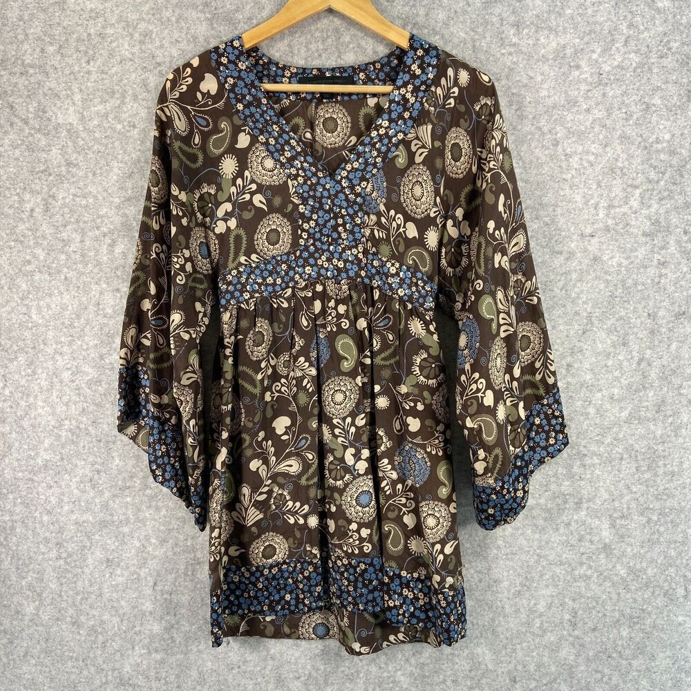 Express Design Studio Womens Silk Boho Floral Brown Blue Tunic Mini Dress XS